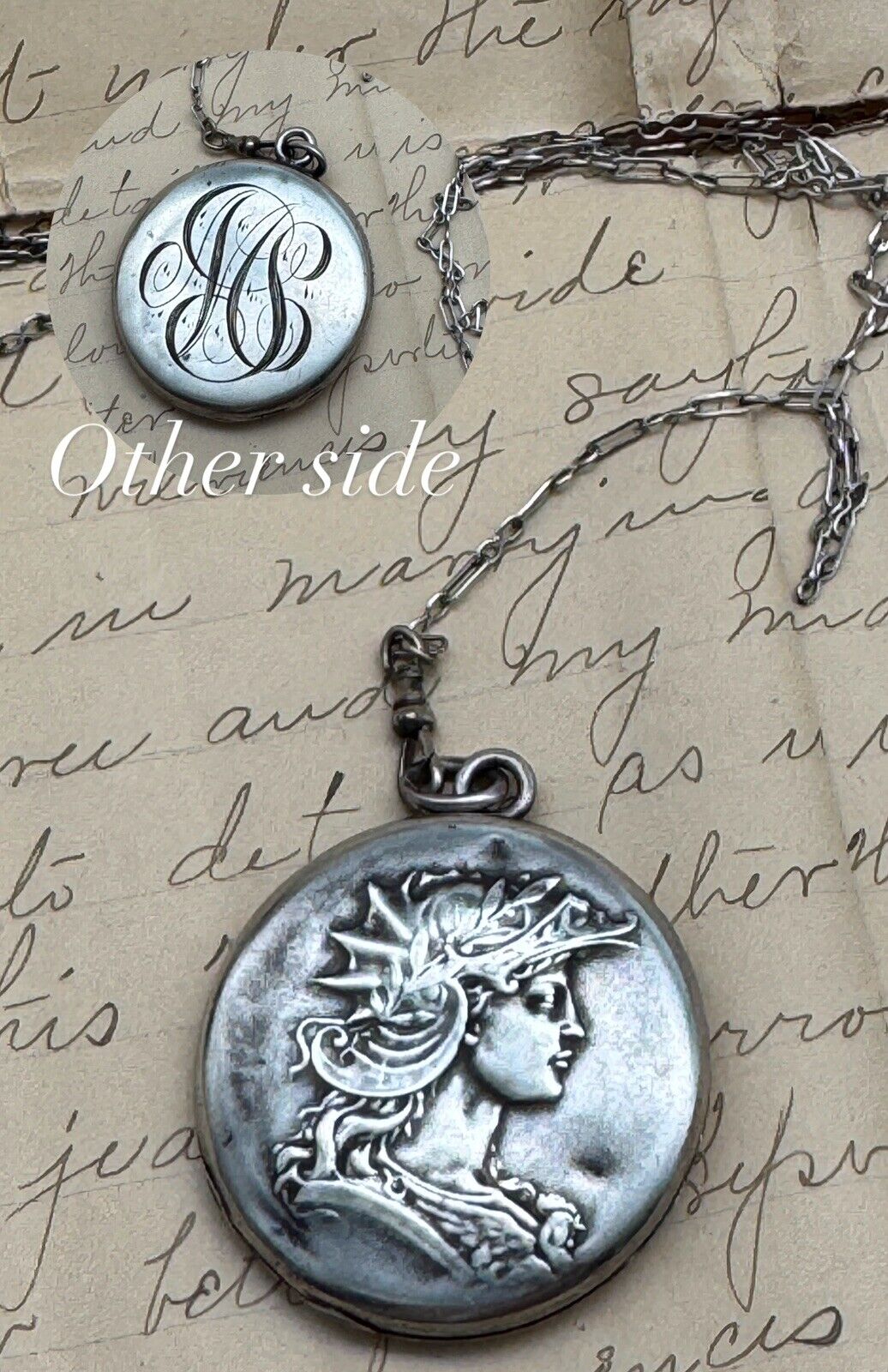 Antique STERLING Locket With Silvertone Chain Monogram EDWARDIAN STYLE