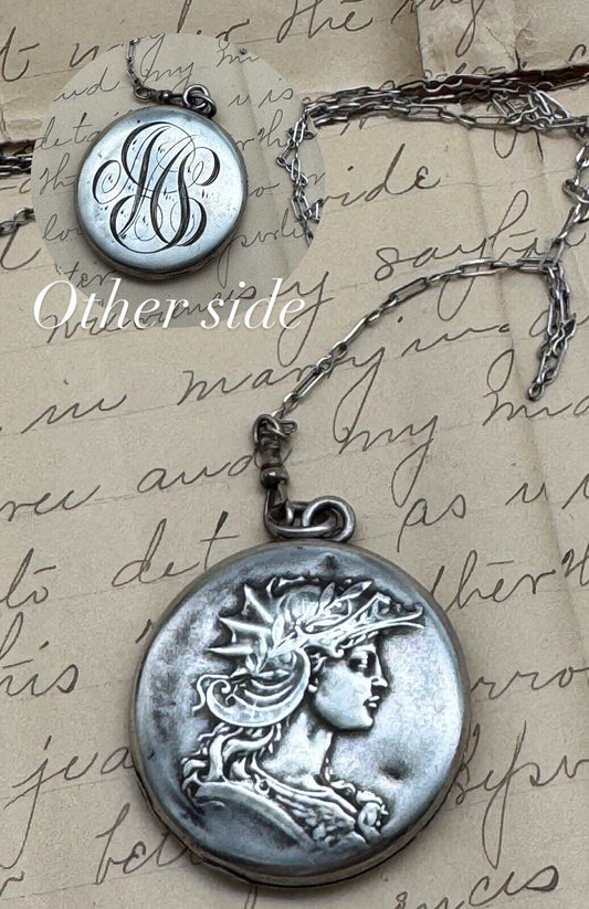 Antique STERLING Locket With Silvertone Chain Monogram EDWARDIAN STYLE