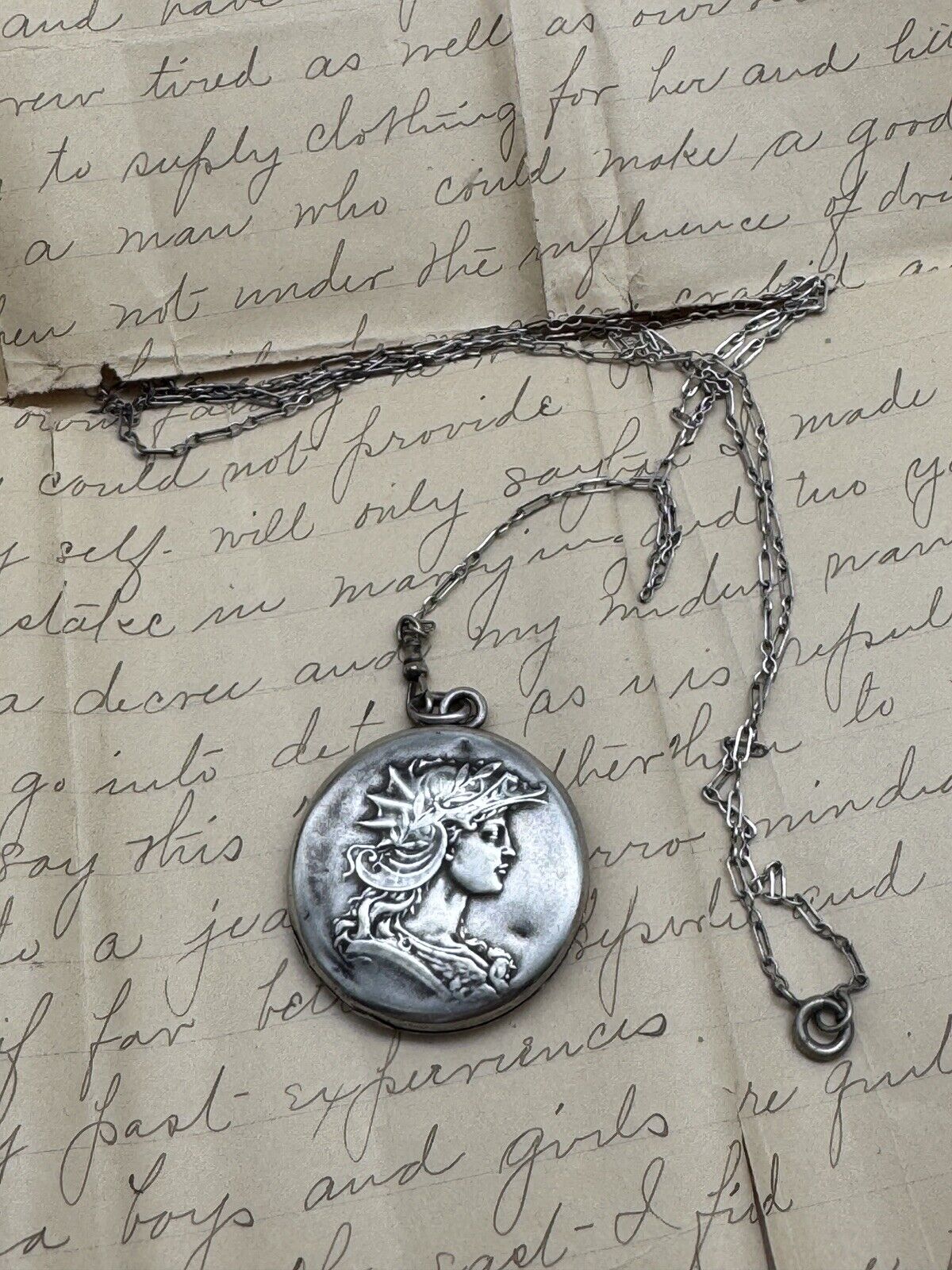 Antique STERLING Locket With Silvertone Chain Monogram EDWARDIAN STYLE