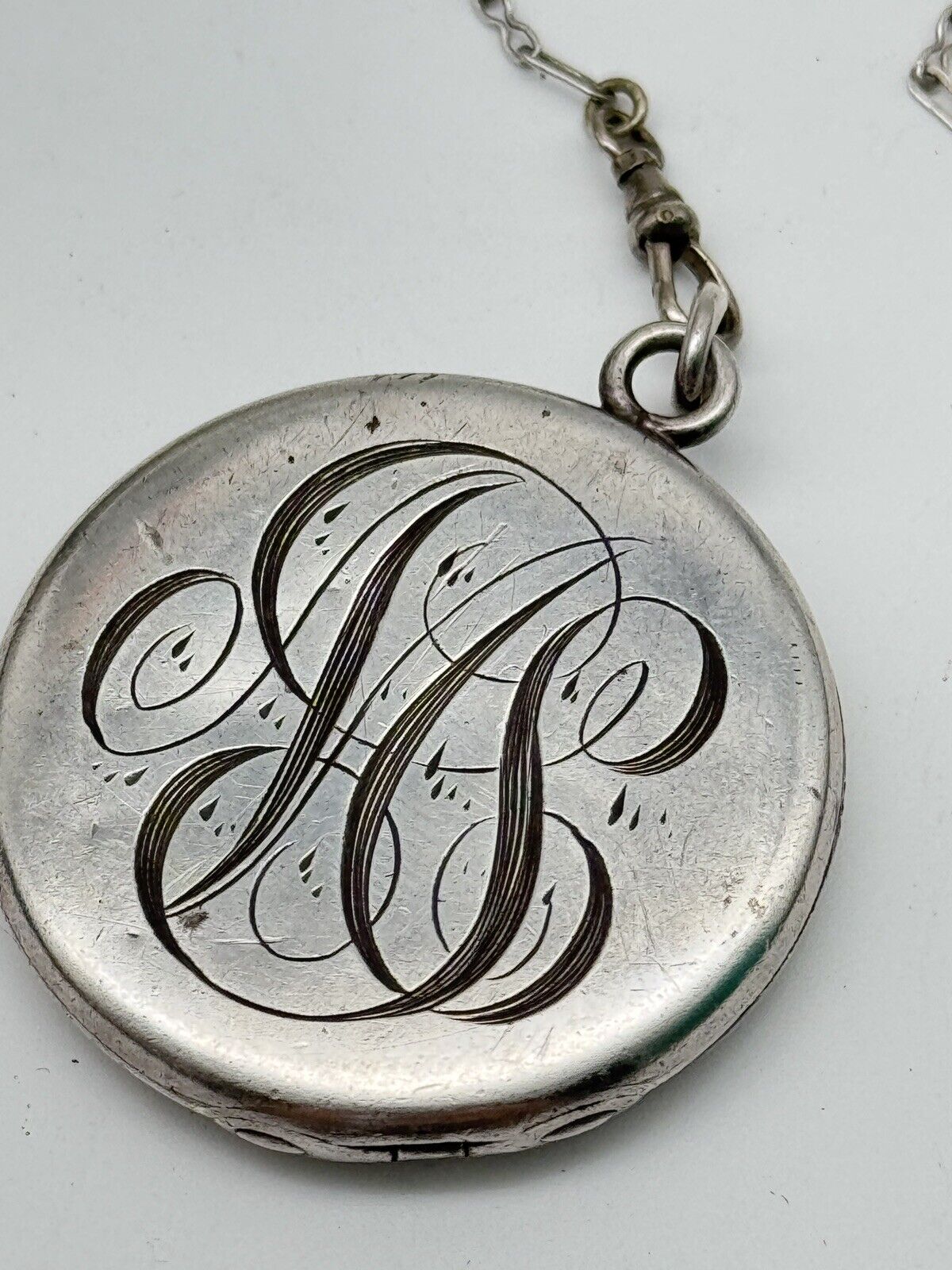 Antique STERLING Locket With Silvertone Chain Monogram EDWARDIAN STYLE