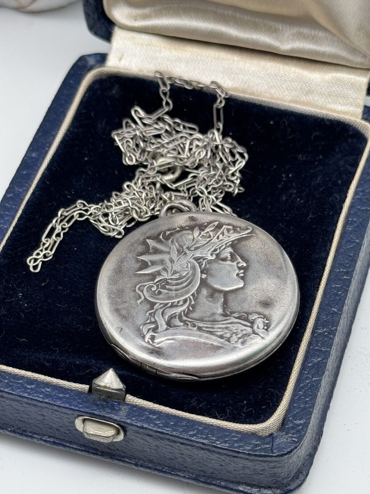 Antique STERLING Locket With Silvertone Chain Monogram EDWARDIAN STYLE