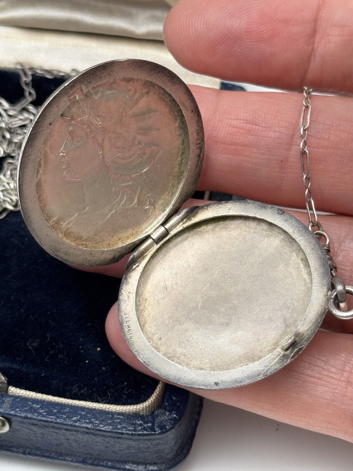 Antique STERLING Locket With Silvertone Chain Monogram EDWARDIAN STYLE