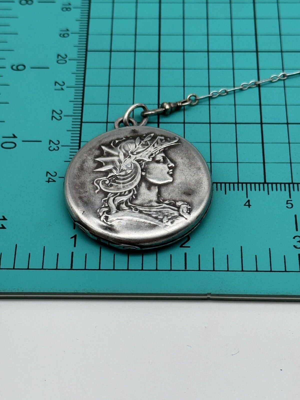 Antique STERLING Locket With Silvertone Chain Monogram EDWARDIAN STYLE