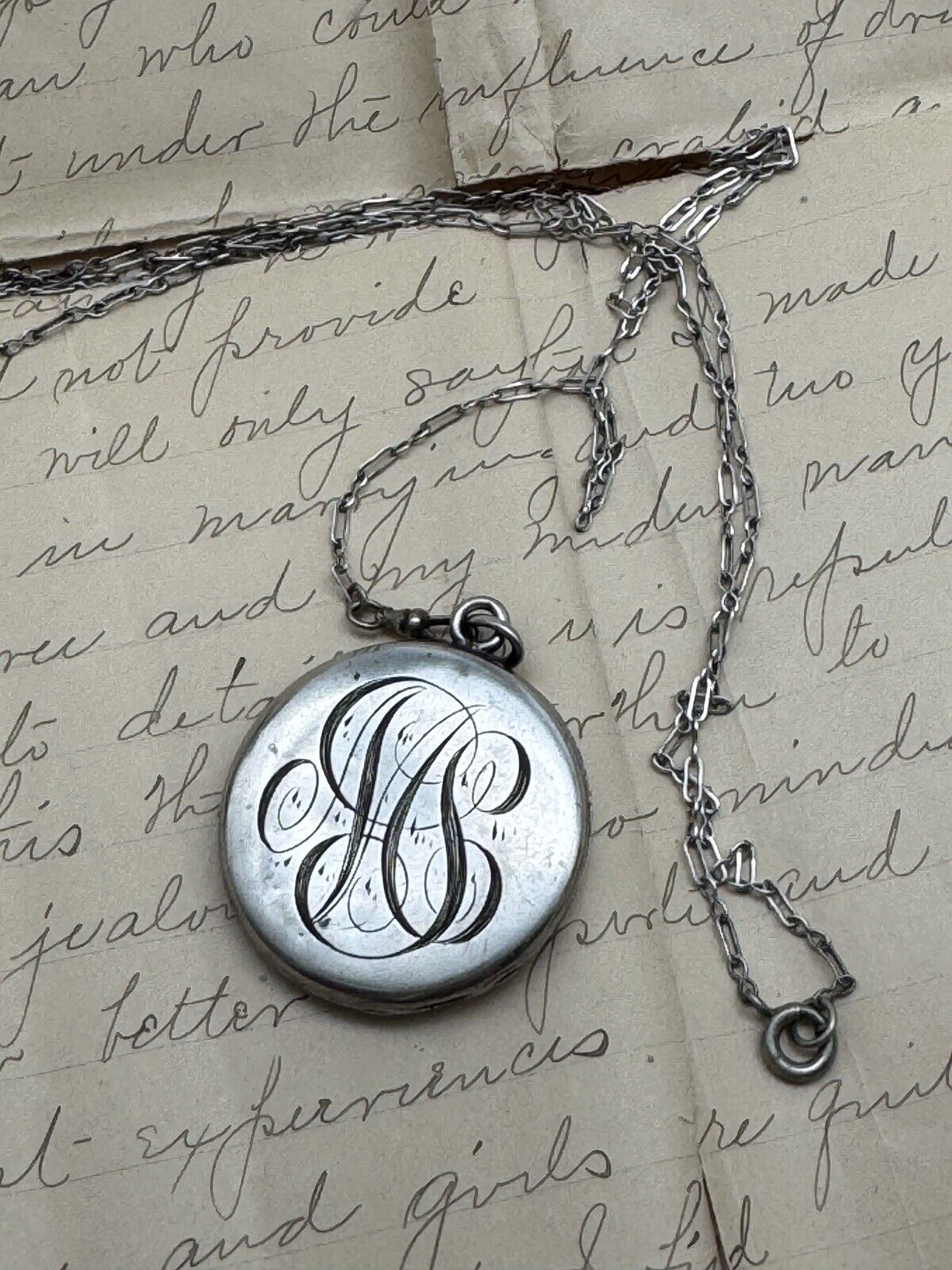 Antique STERLING Locket With Silvertone Chain Monogram EDWARDIAN STYLE