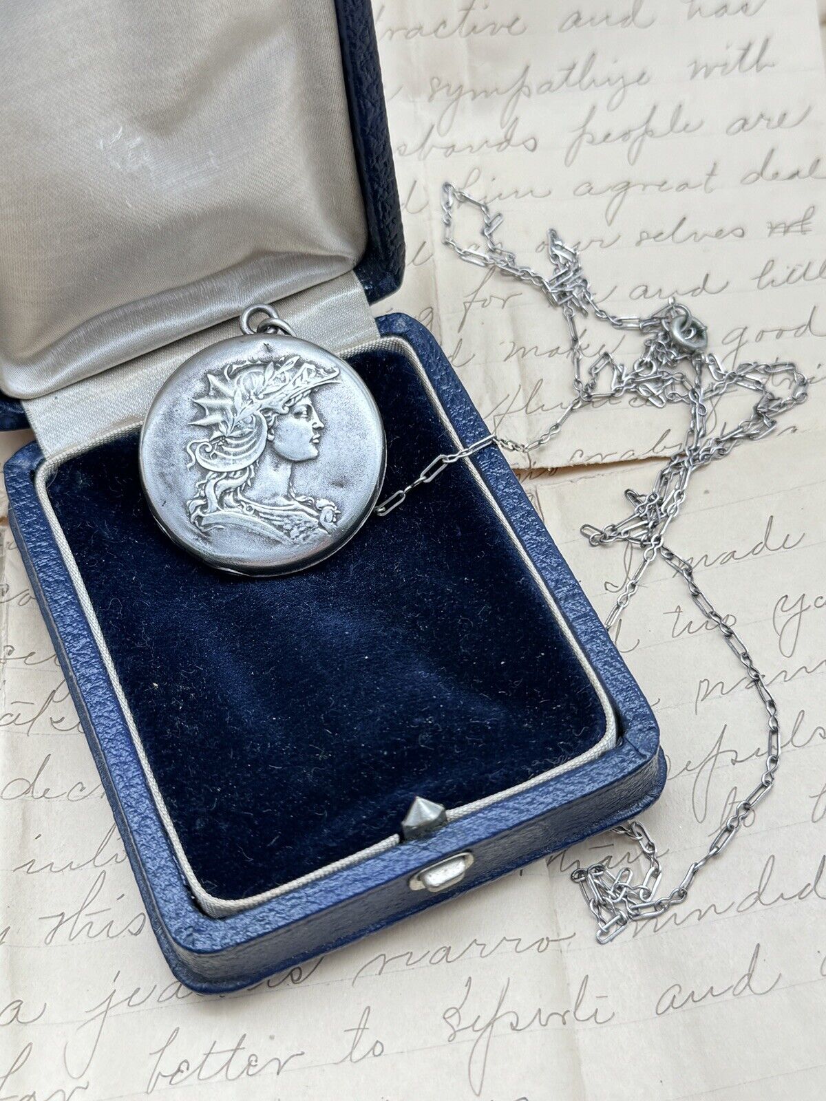 Antique STERLING Locket With Silvertone Chain Monogram EDWARDIAN STYLE