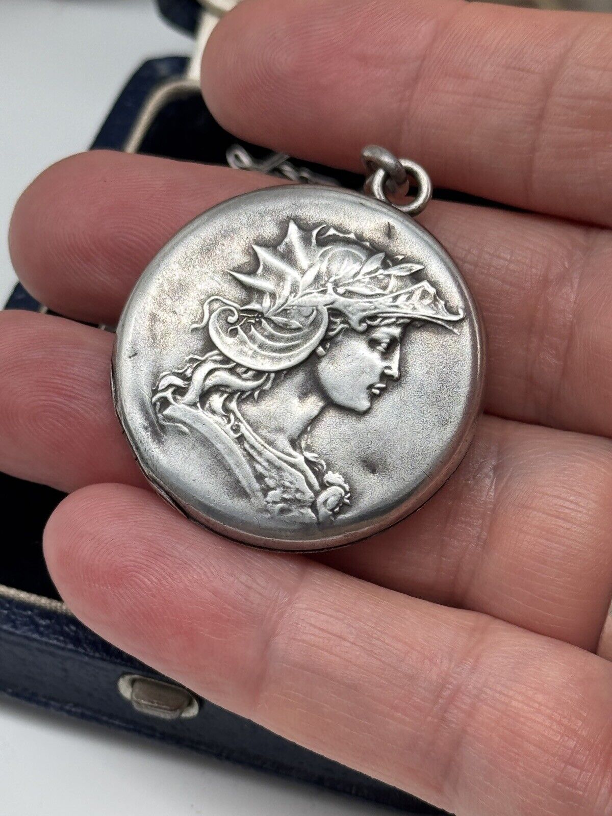 Antique STERLING Locket With Silvertone Chain Monogram EDWARDIAN STYLE