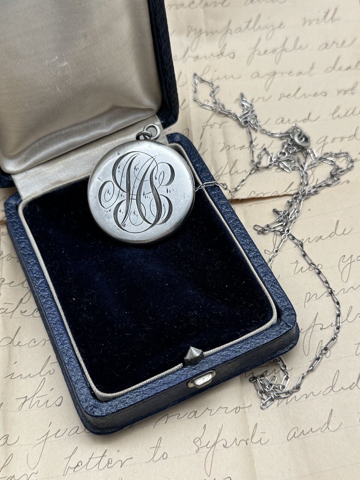 Antique STERLING Locket With Silvertone Chain Monogram EDWARDIAN STYLE