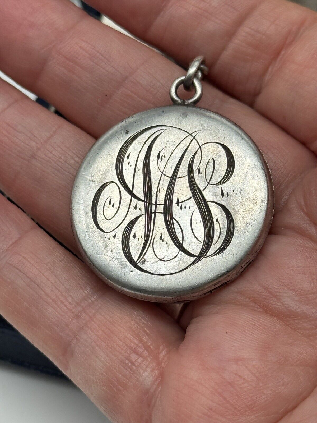 Antique STERLING Locket With Silvertone Chain Monogram EDWARDIAN STYLE