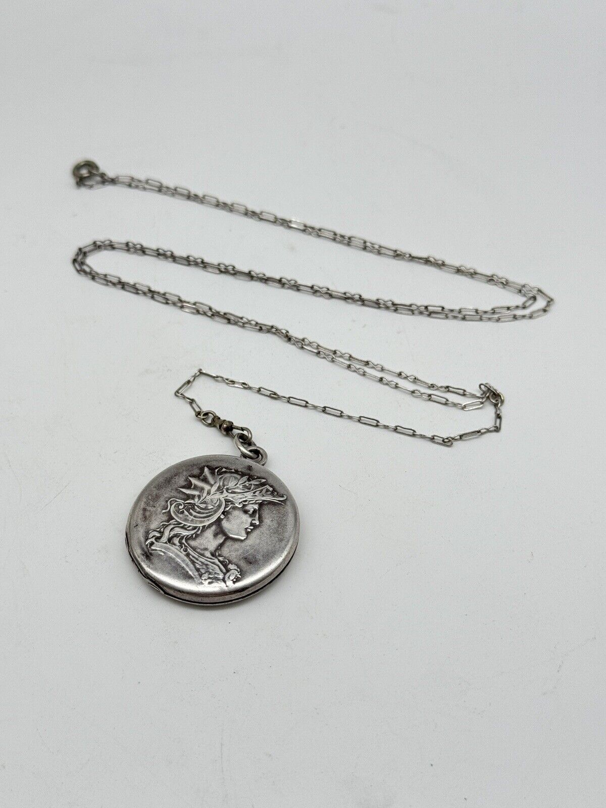 Antique STERLING Locket With Silvertone Chain Monogram EDWARDIAN STYLE