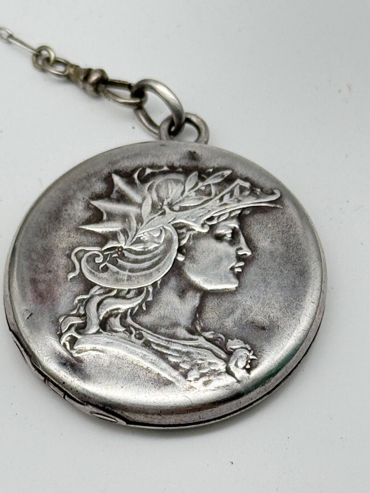 Antique STERLING Locket With Silvertone Chain Monogram EDWARDIAN STYLE