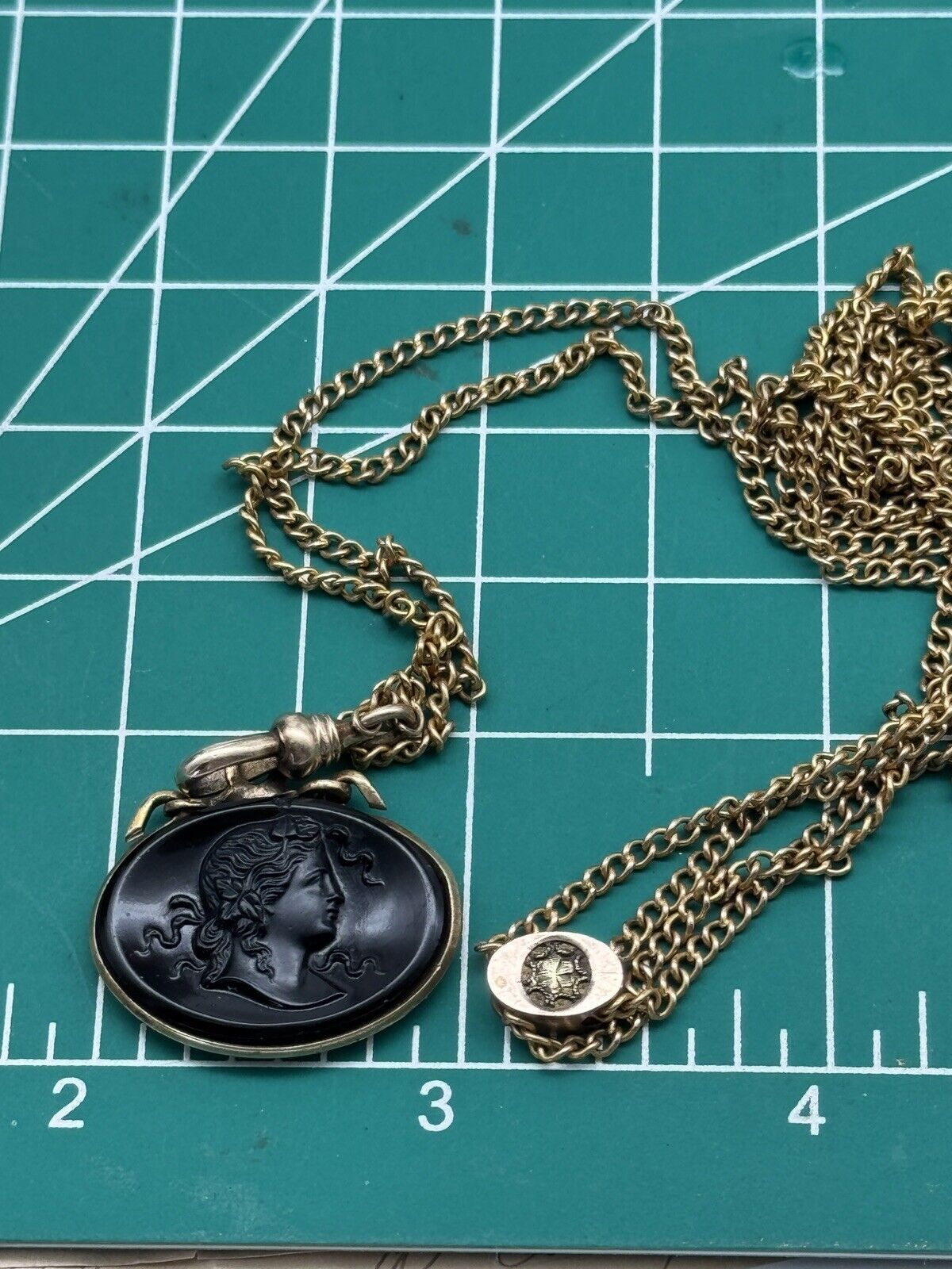 Antique Gold Filled Slider Necklace Oval Dark Cameo 24.5” Closed Watch Chain