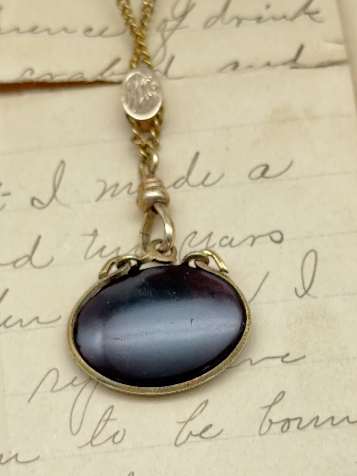 Antique Gold Filled Slider Necklace Oval Dark Cameo 24.5” Closed Watch Chain