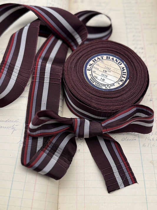 Vintage Striped Hat Band Roll Maroon Lavender Grey USA BAND MILLS 4” Large Roll