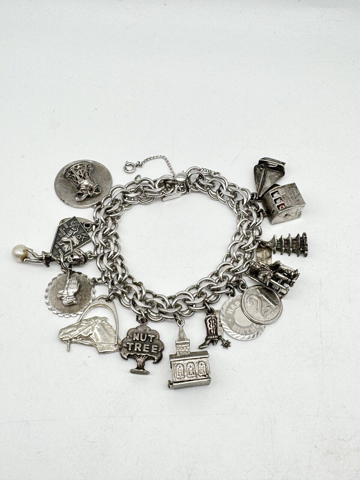 Vintage STERLING Silver Charm Bracelet 14 Charms Chapel w. Bride & Groom 1960s