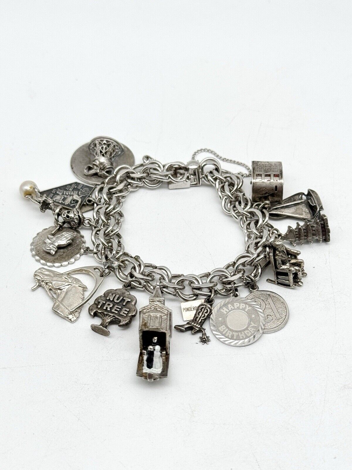 Vintage STERLING Silver Charm Bracelet 14 Charms Chapel w. Bride & Groom 1960s