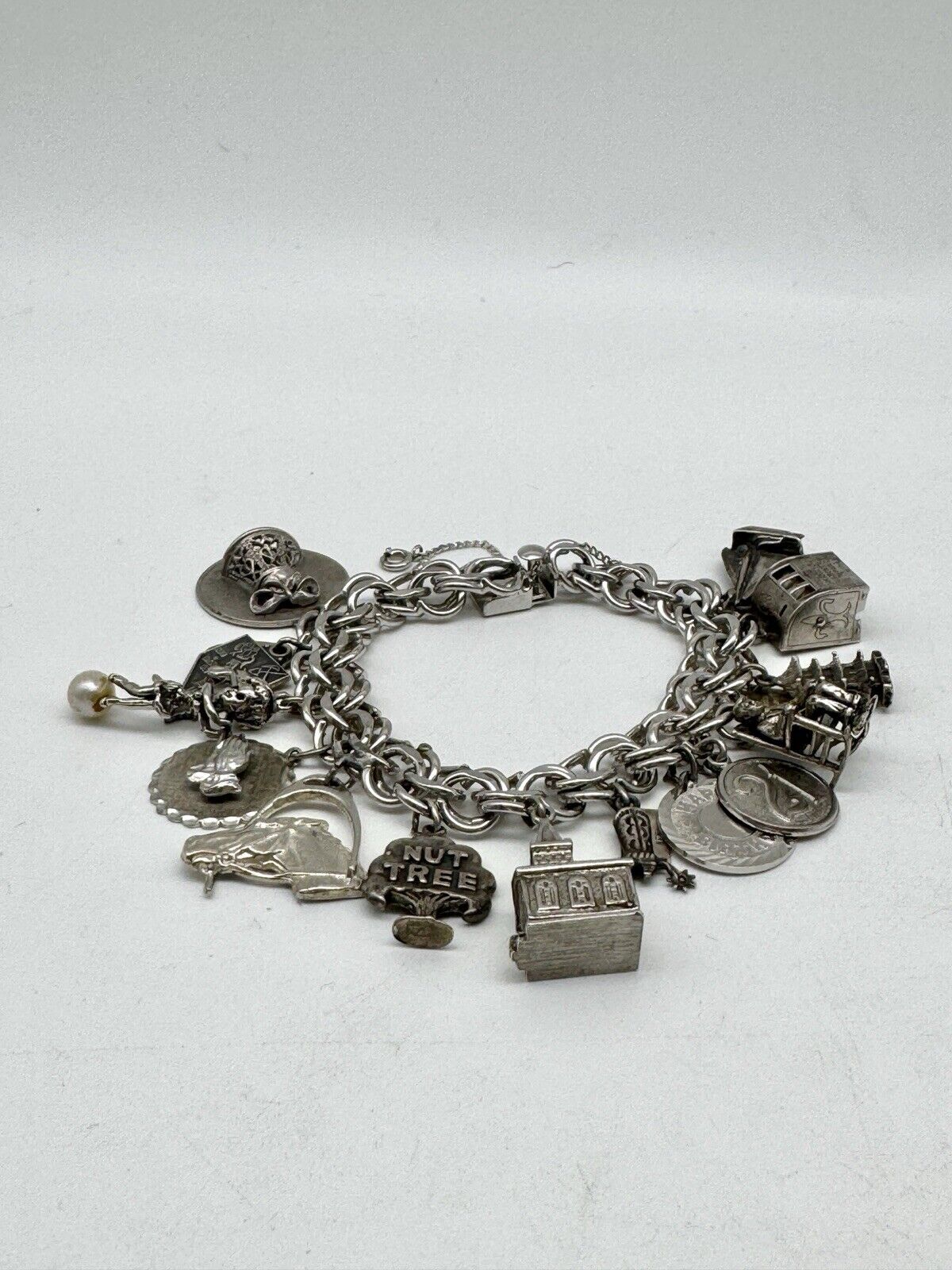 Vintage STERLING Silver Charm Bracelet 14 Charms Chapel w. Bride & Groom 1960s