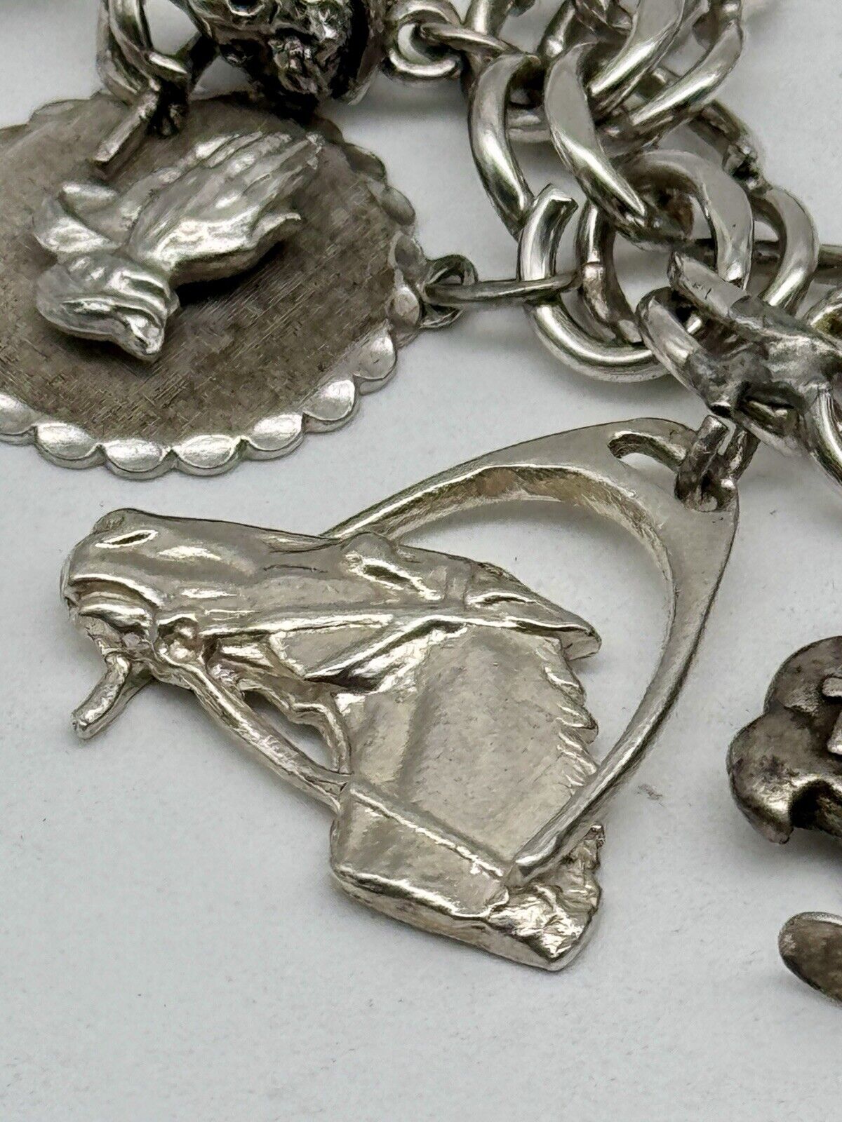 Vintage STERLING Silver Charm Bracelet 14 Charms Chapel w. Bride & Groom 1960s