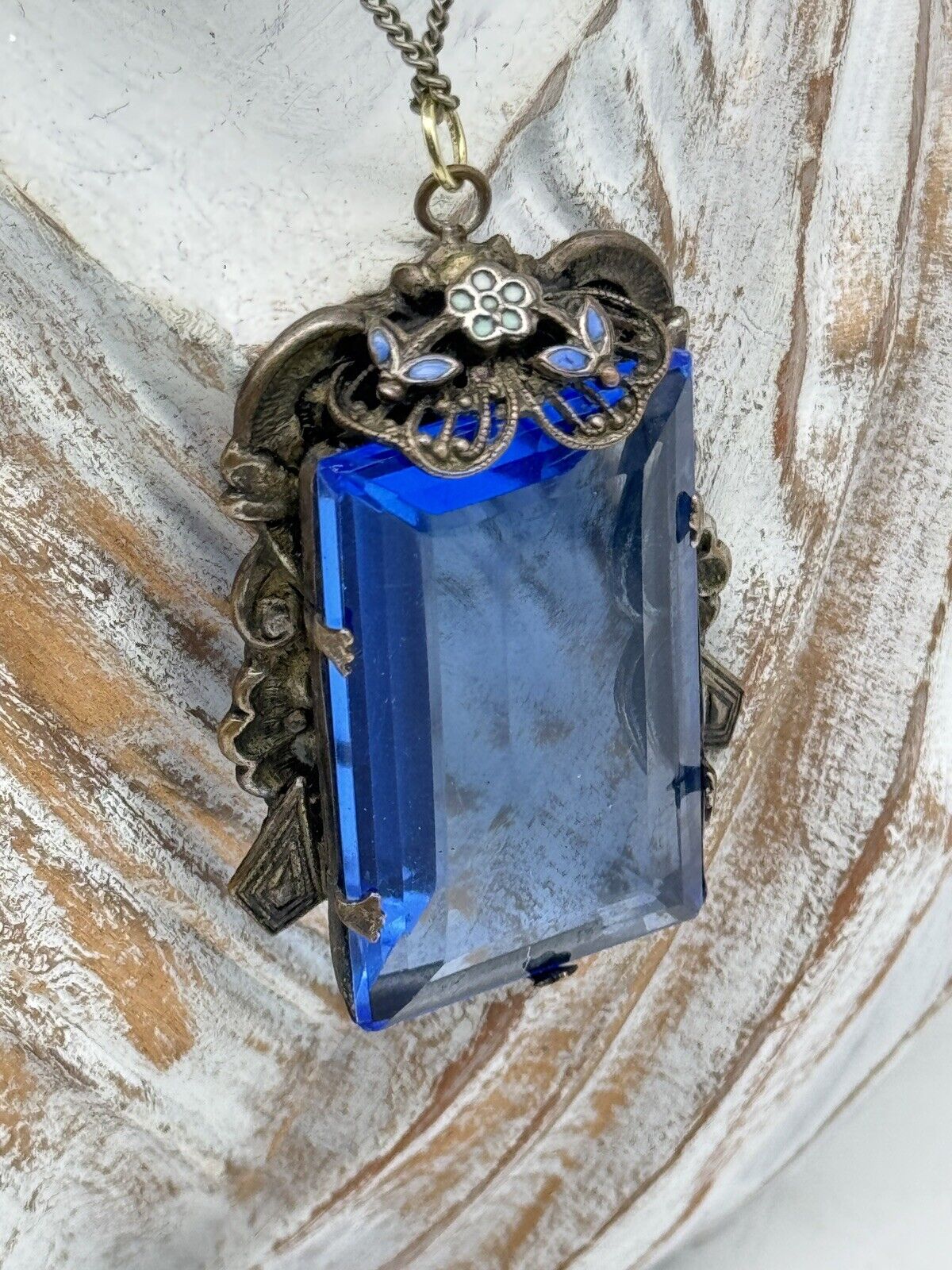 Antique Czech Blue Glass Pendant Necklace Ca.20” Chain