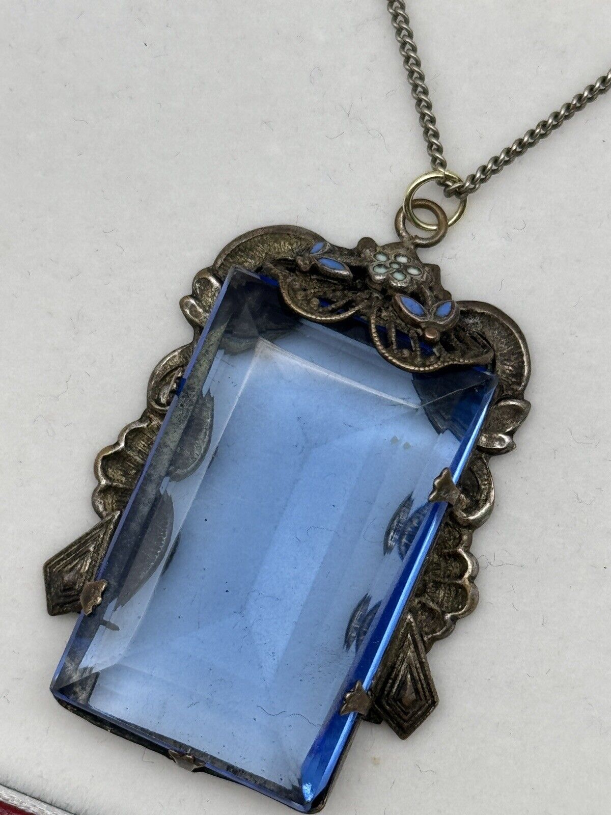 Antique Czech Blue Glass Pendant Necklace Ca.20” Chain