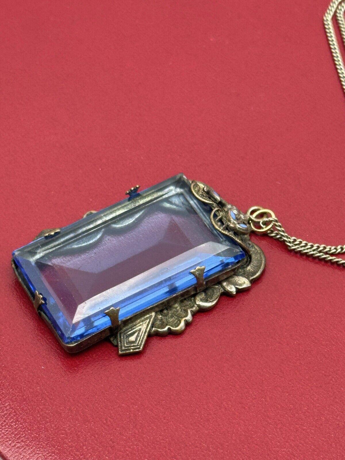 Antique Czech Blue Glass Pendant Necklace Ca.20” Chain