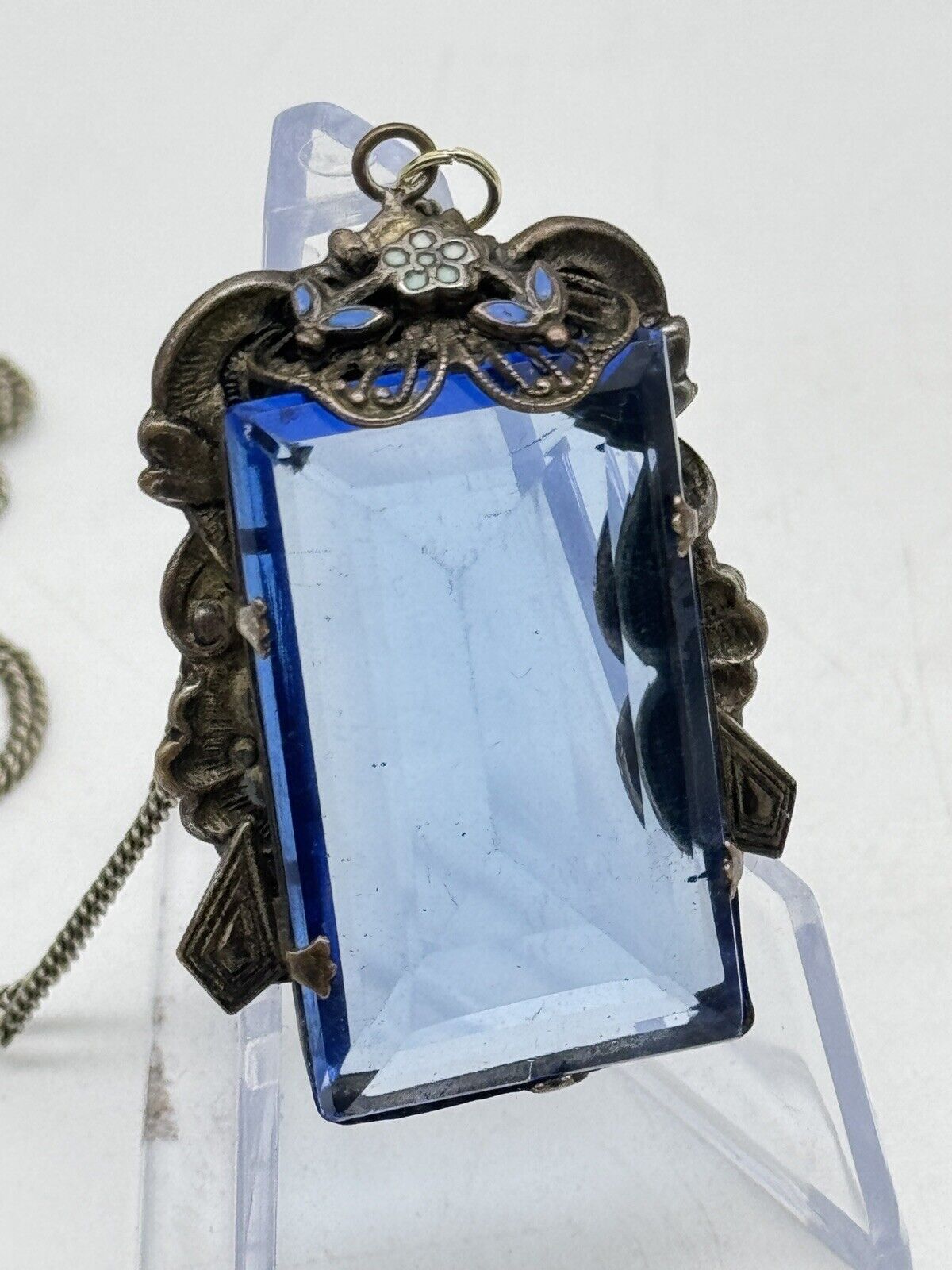 Antique Czech Blue Glass Pendant Necklace Ca.20” Chain