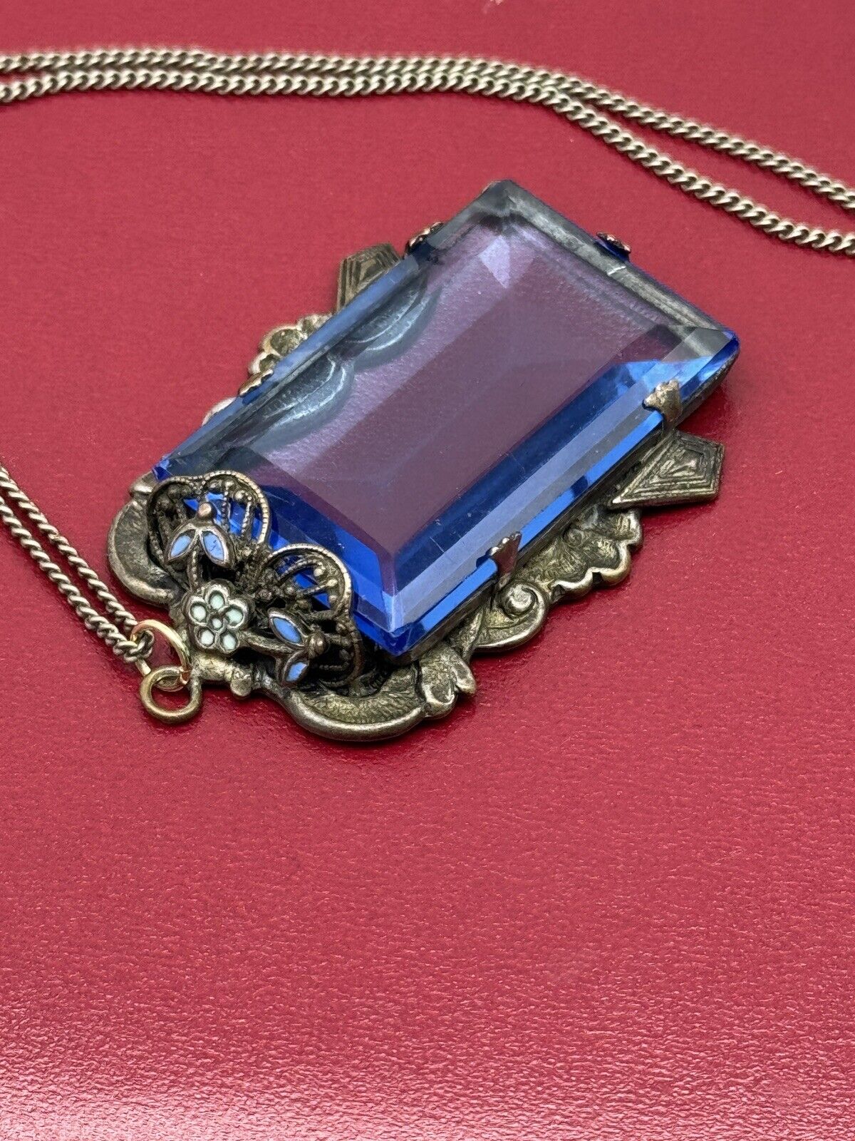 Antique Czech Blue Glass Pendant Necklace Ca.20” Chain