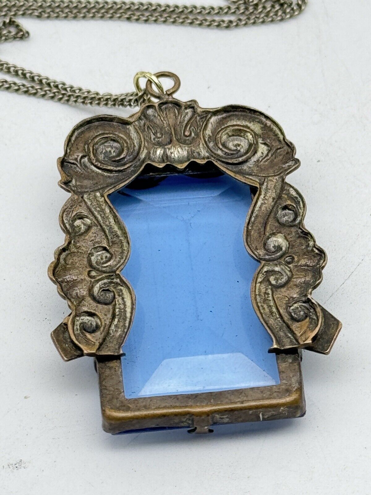 Antique Czech Blue Glass Pendant Necklace Ca.20” Chain