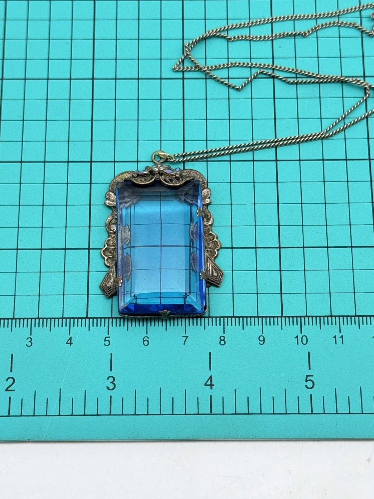 Antique Czech Blue Glass Pendant Necklace Ca.20” Chain