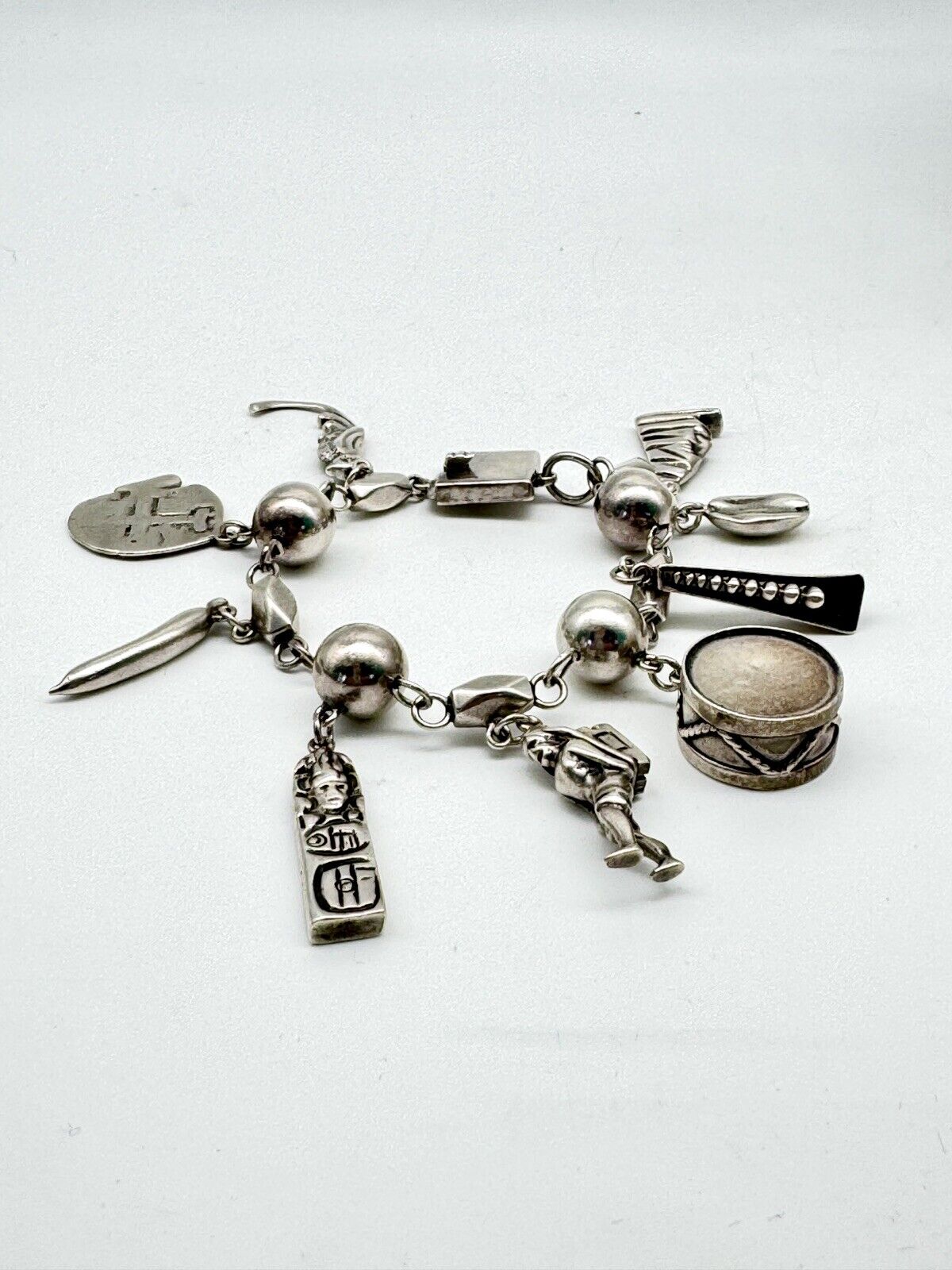 Vintage Mexico PARRA Sterling 9 Original Charms Heavy Link Bracelet 6.25+