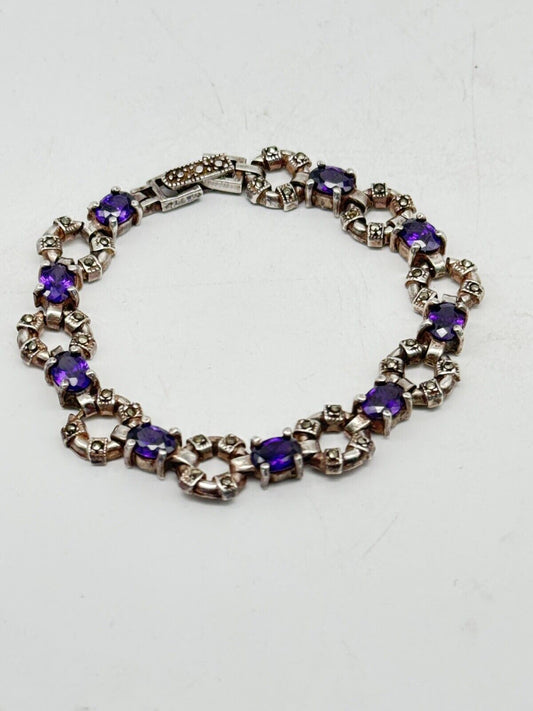 Vintage STERLING Silver Marcasite Purple Crystal Stone Tennis Bracelet