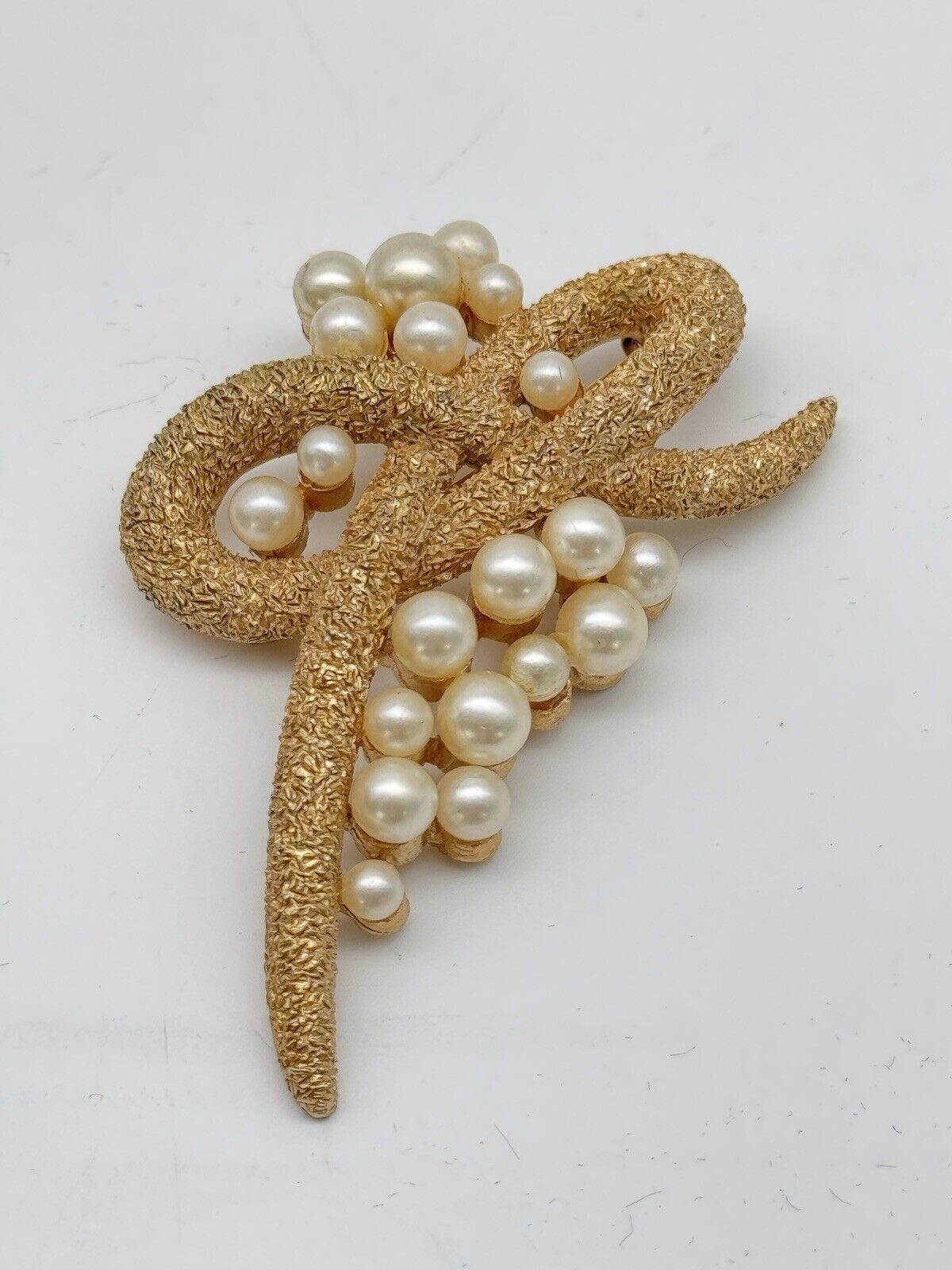 Vintage Crown Trifari Brooch Textured Now Faux Pearls