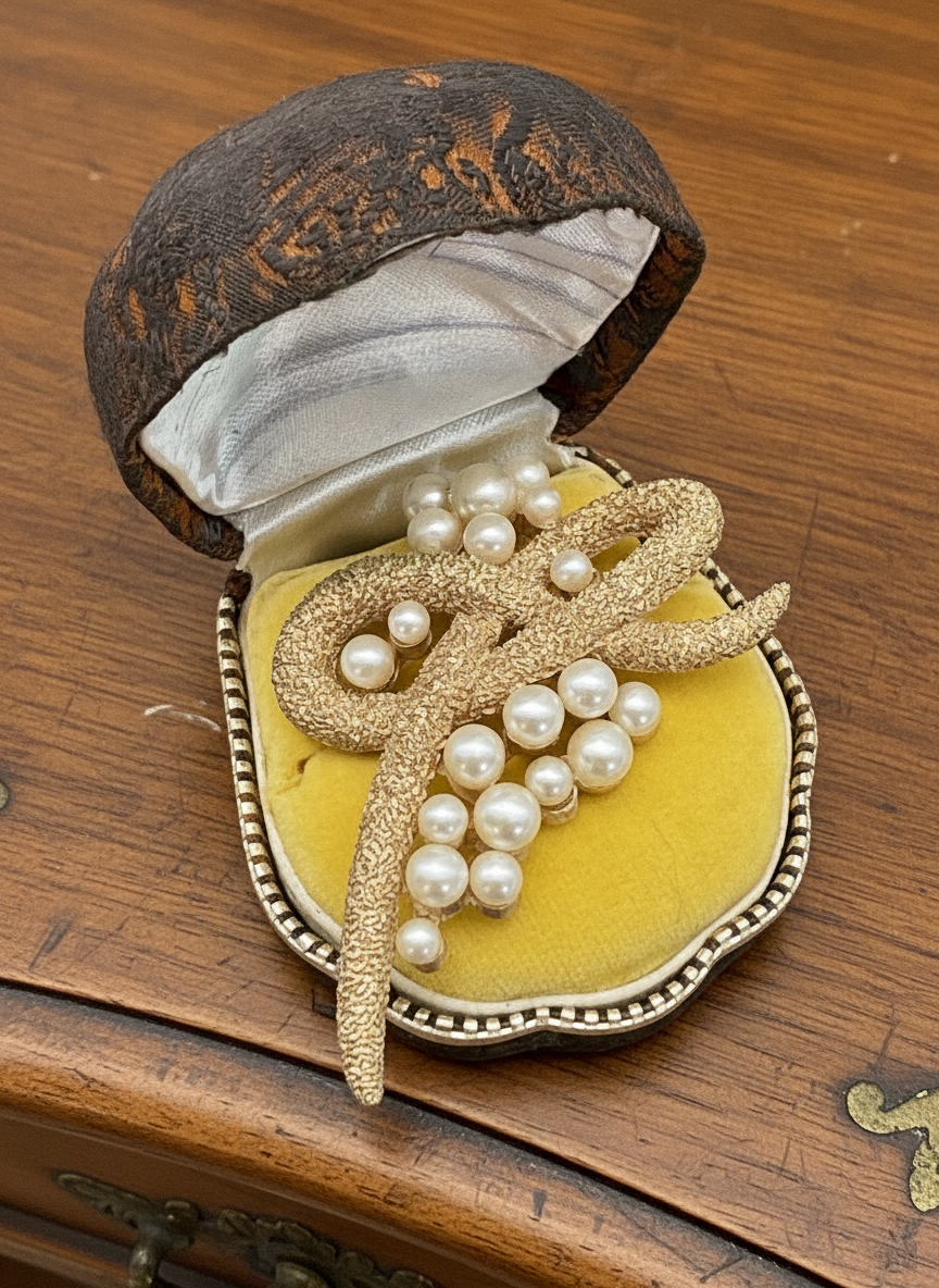 Vintage Crown Trifari Brooch Textured Now Faux Pearls 3.25” Statement Piece