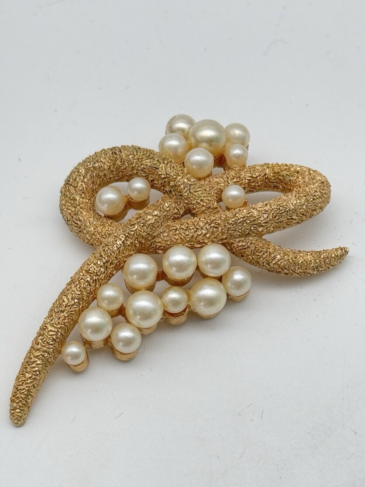 Vintage Crown Trifari Brooch Textured Now Faux Pearls