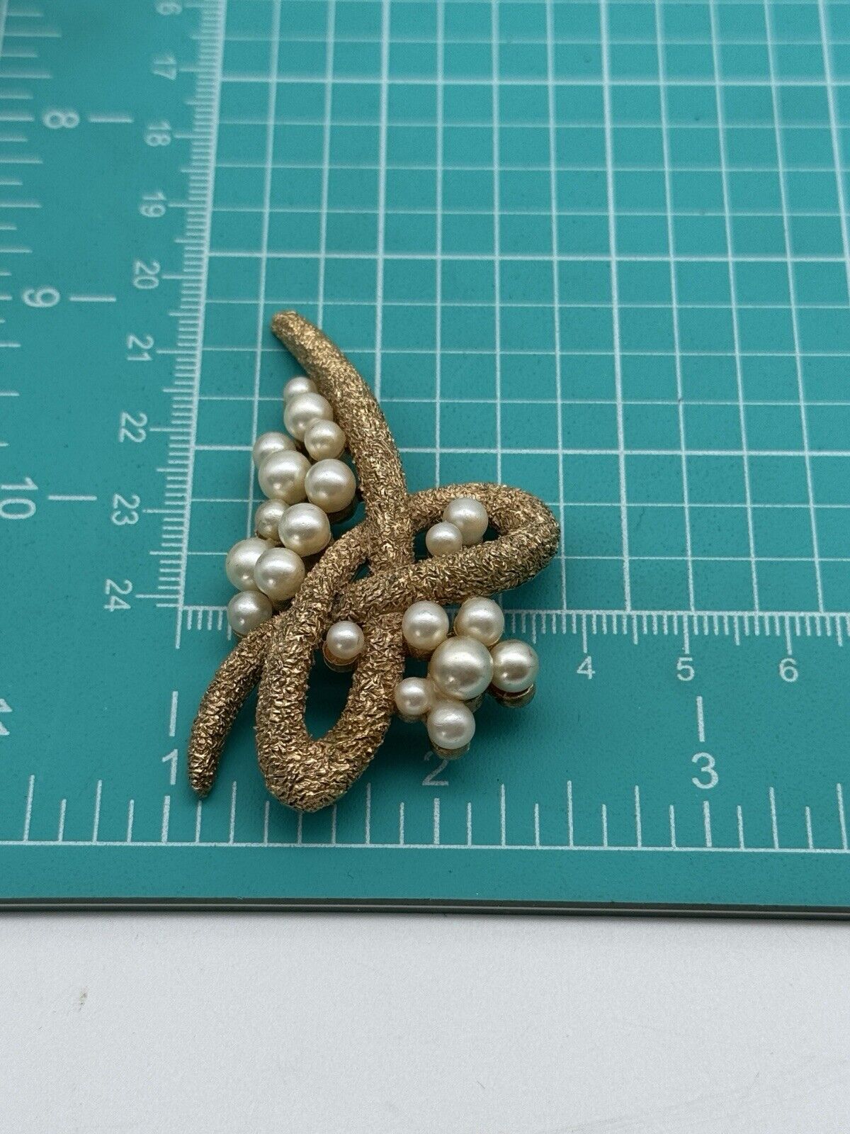 Vintage Crown Trifari Brooch Textured Now Faux Pearls