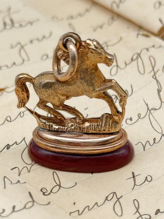 Antique Horse Watch Fob On Carnelian Base Victorian Rose Gold Filled