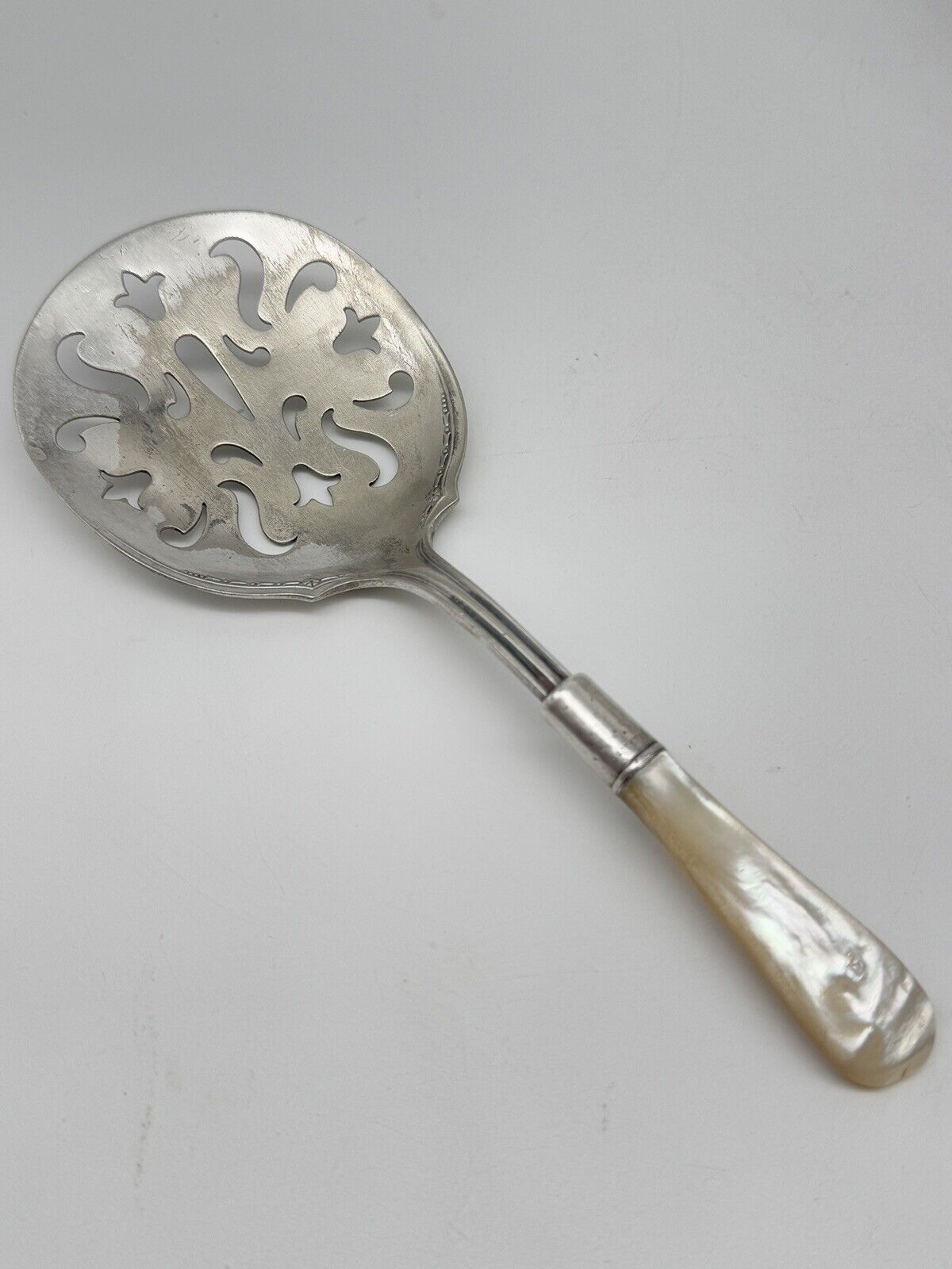 Antique Mother Of Pearl Tomato Server Sterling Ferule Rest Silverplate WORN