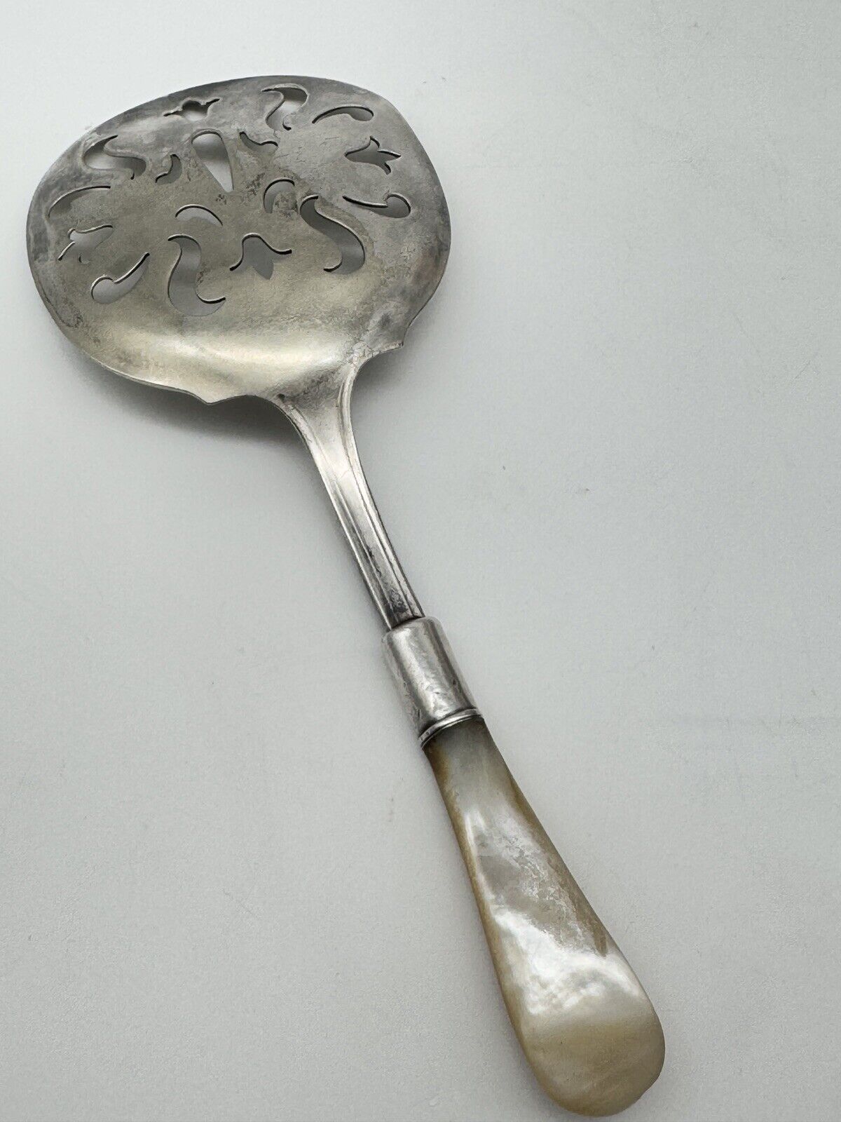 Antique Mother Of Pearl Tomato Server Sterling Ferule Rest Silverplate WORN