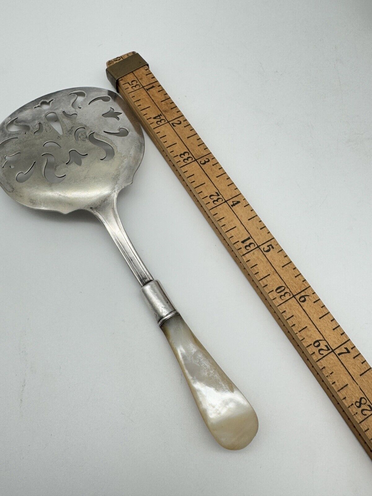 Antique Mother Of Pearl Tomato Server Sterling Ferule Rest Silverplate WORN