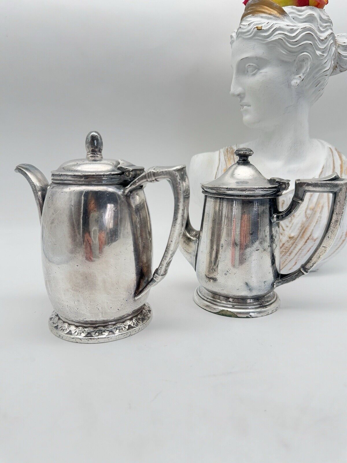 Pair Hotel Silver Soldered Tea Pots 8oz & 14oz 1 marked A Schine Hotel