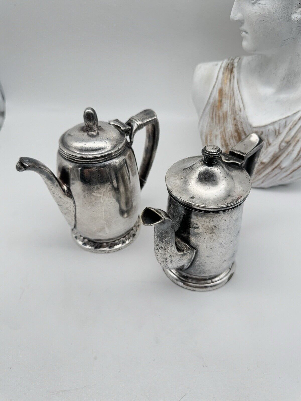 Pair Hotel Silver Soldered Tea Pots 8oz & 14oz 1 marked A Schine Hotel