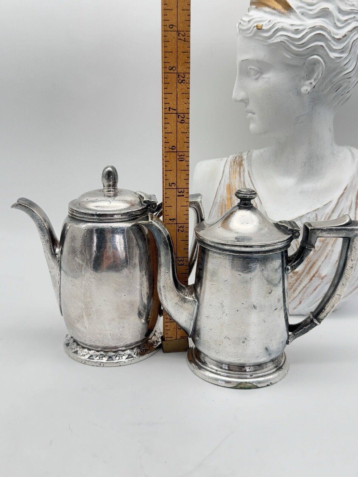 Pair Hotel Silver Soldered Tea Pots 8oz & 14oz 1 marked A Schine Hotel