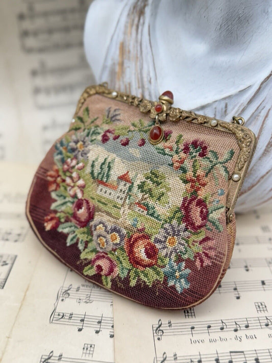 Antique Austrian Micro Needlepoint Purse Floral Scenic Design Carnelian Clasp