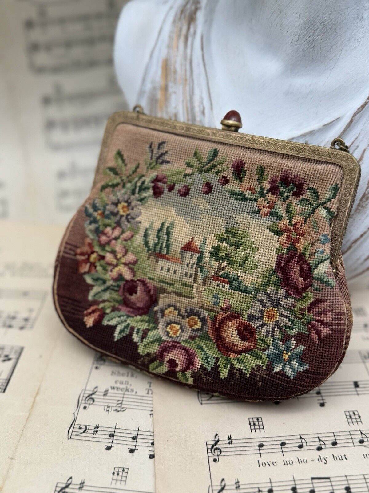 Antique Austrian Micro Needlepoint Purse Floral Scenic Design Carnelian Clasp