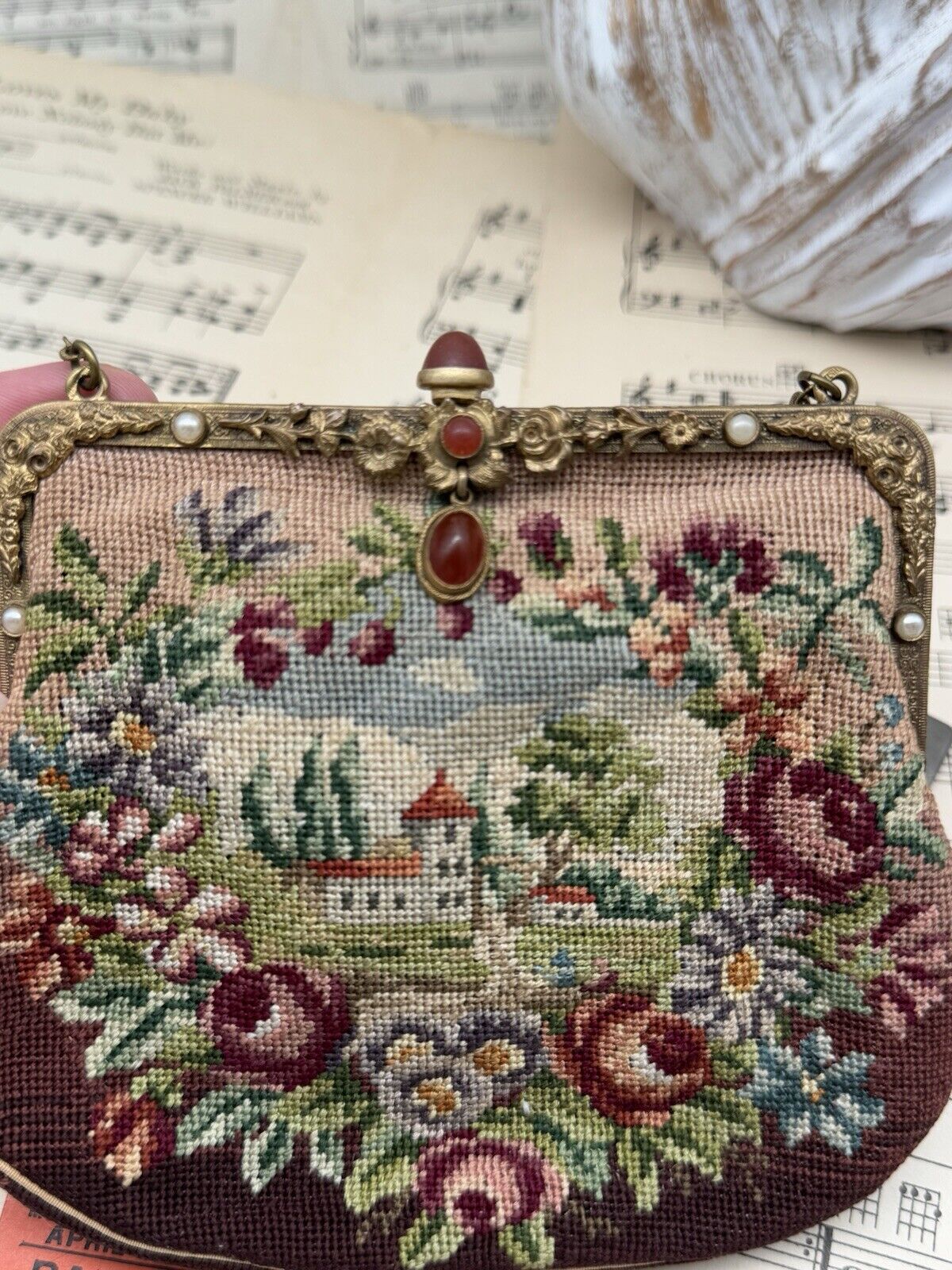 Antique Austrian Micro Needlepoint Purse Floral Scenic Design Carnelian Clasp