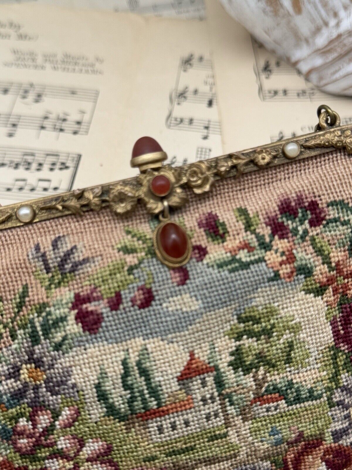 Antique Austrian Micro Needlepoint Purse Floral Scenic Design Carnelian Clasp