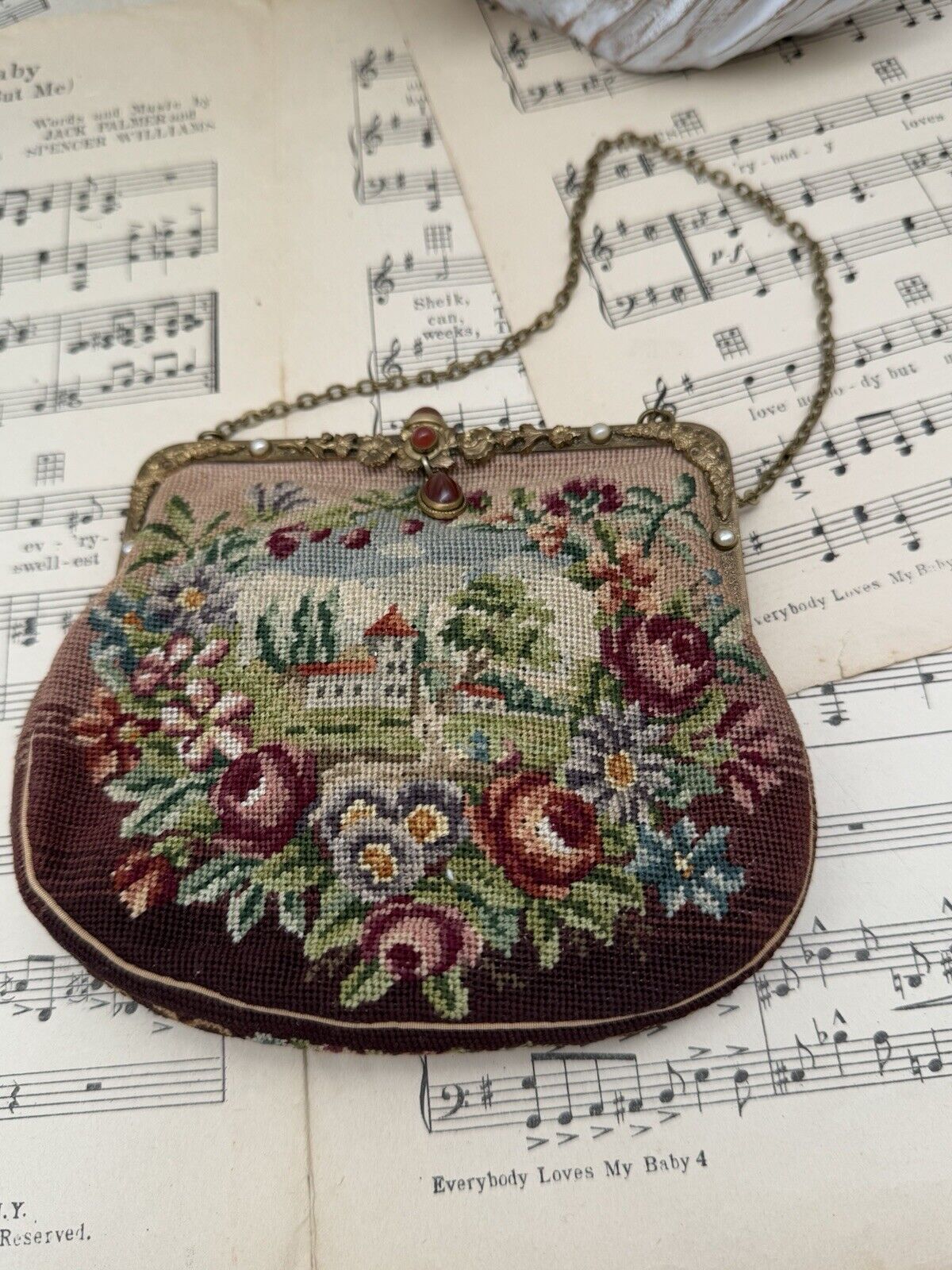 Antique Austrian Micro Needlepoint Purse Floral Scenic Design Carnelian Clasp