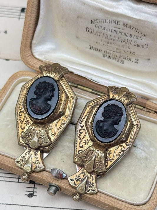 Antique Style Pair Black Cameo Dress Clips Brass RARE FIND