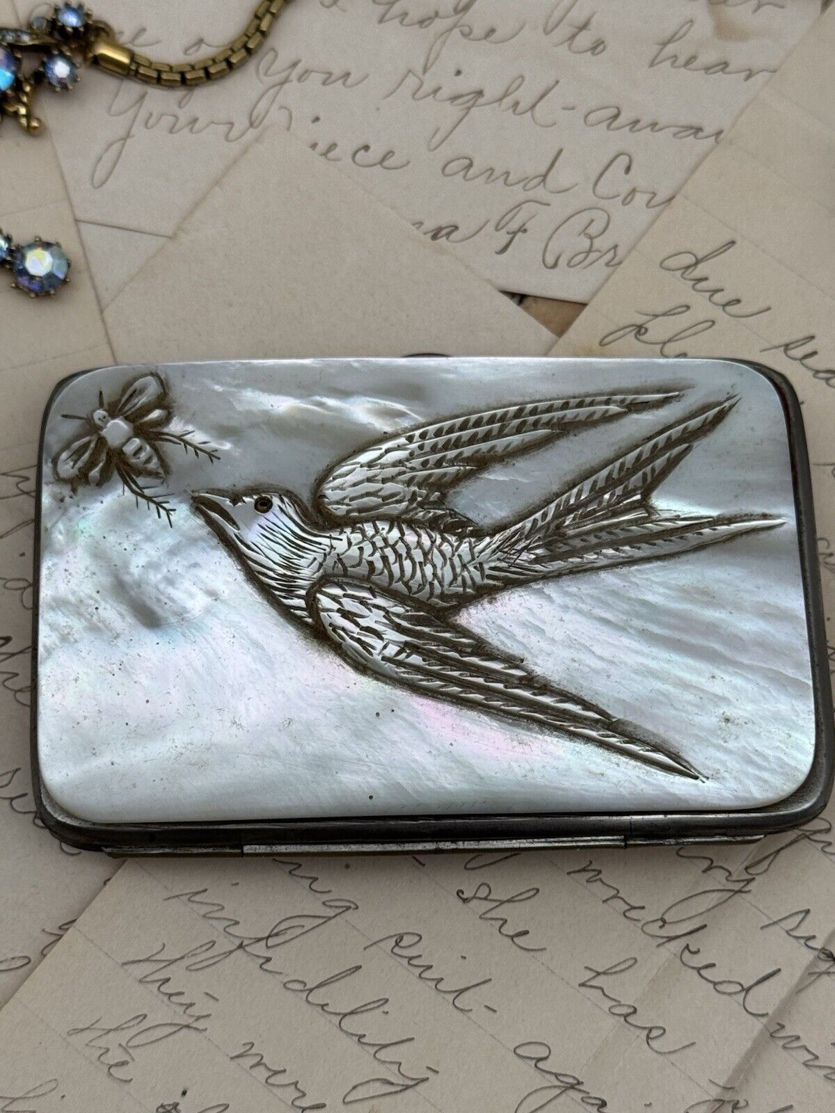 RARE Antique Mother Of Pearl Swallow Bee Carved Cigarette Cigar Calling Card Case Victorian Design