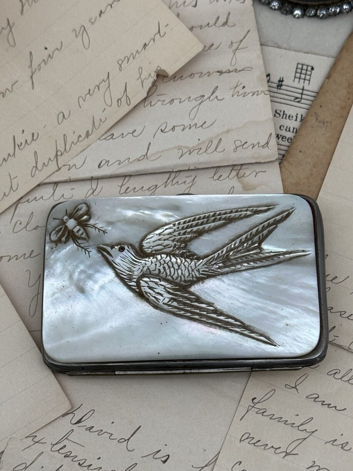 RARE Antique Mother Of Pearl Swallow Bee Carved Cigarette Cigar Calling Card Case Victorian Design