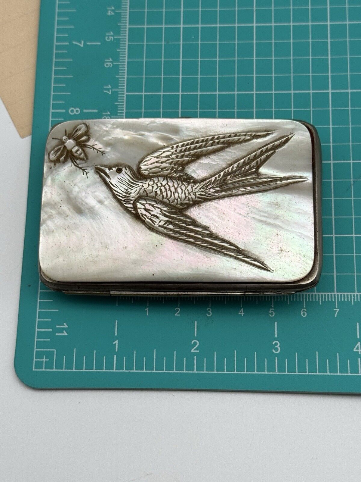 RARE Antique Mother Of Pearl Swallow Bee Carved Cigarette Cigar Calling Card Case Victorian Design